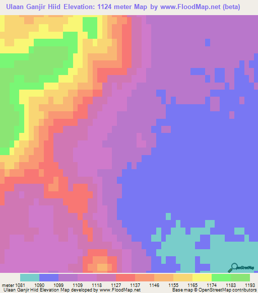 Ulaan Ganjir Hiid,Mongolia Elevation Map