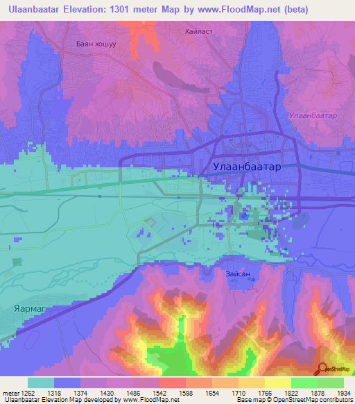 Ulaanbaatar,Mongolia Elevation Map