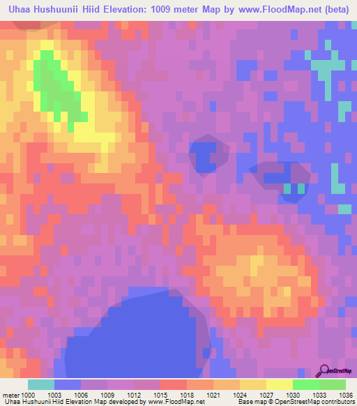 Uhaa Hushuunii Hiid,Mongolia Elevation Map