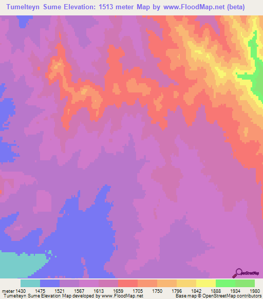 Tumelteyn Sume,Mongolia Elevation Map