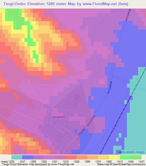 Tsogt-Ondor,Mongolia Elevation Map