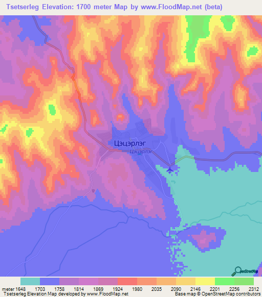 Tsetserleg,Mongolia Elevation Map