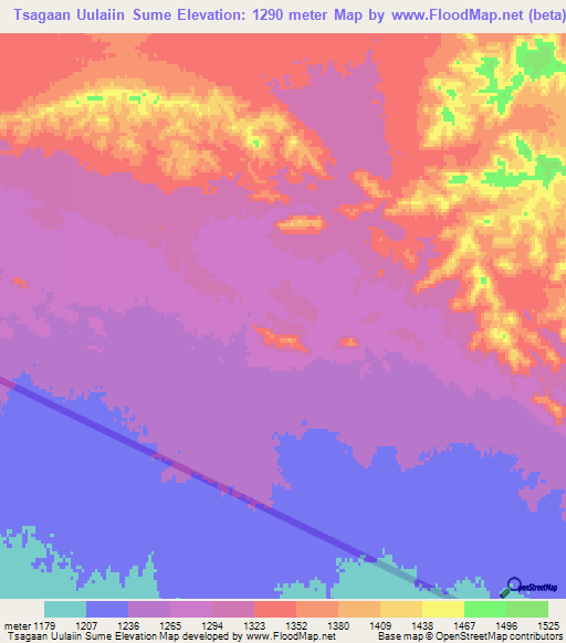 Tsagaan Uulaiin Sume,Mongolia Elevation Map