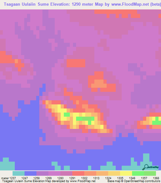 Tsagaan Uulaiin Sume,Mongolia Elevation Map