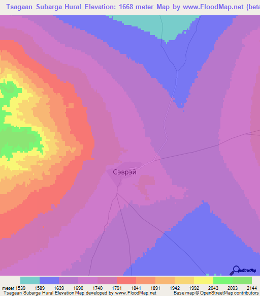 Tsagaan Subarga Hural,Mongolia Elevation Map