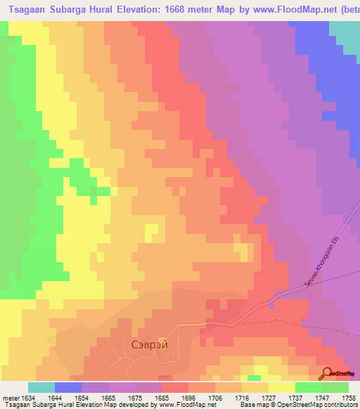 Tsagaan Subarga Hural,Mongolia Elevation Map