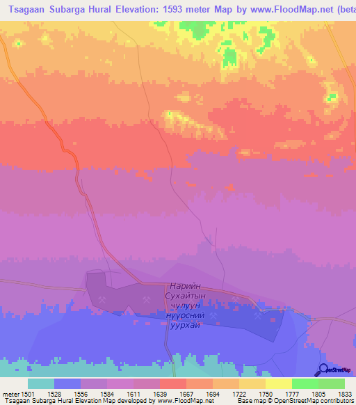 Tsagaan Subarga Hural,Mongolia Elevation Map