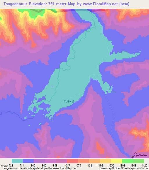 Tsagaannuur,Mongolia Elevation Map