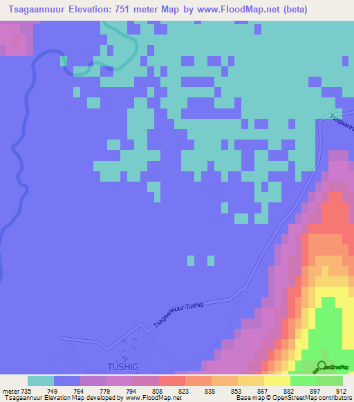 Tsagaannuur,Mongolia Elevation Map