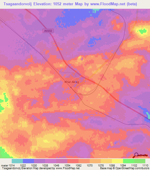 Tsagaandorvolj,Mongolia Elevation Map