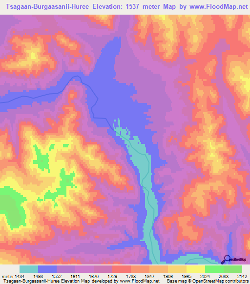 Tsagaan-Burgaasanii-Huree,Mongolia Elevation Map