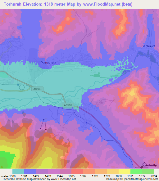 Torhurah,Mongolia Elevation Map