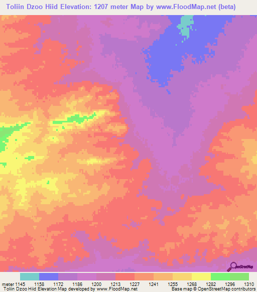 Toliin Dzoo Hiid,Mongolia Elevation Map