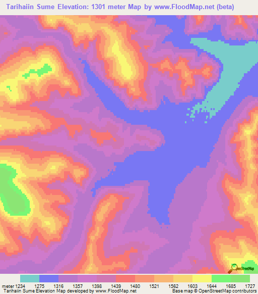 Tarihaiin Sume,Mongolia Elevation Map