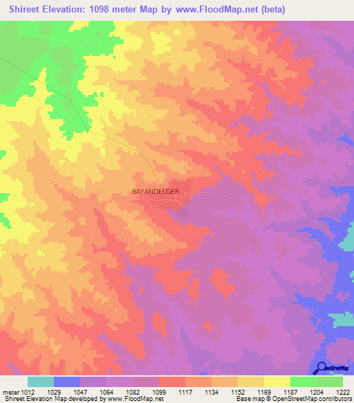 Shireet,Mongolia Elevation Map