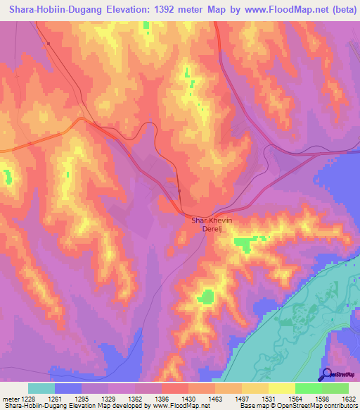 Shara-Hobiin-Dugang,Mongolia Elevation Map