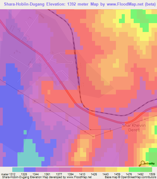 Shara-Hobiin-Dugang,Mongolia Elevation Map