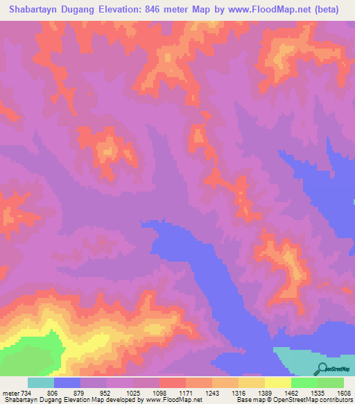 Shabartayn Dugang,Mongolia Elevation Map