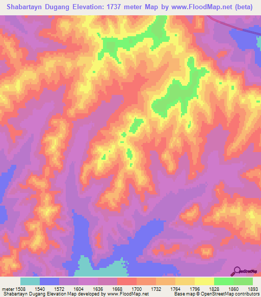 Shabartayn Dugang,Mongolia Elevation Map