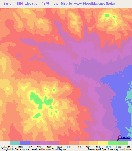 Sangiin Hiid,Mongolia Elevation Map