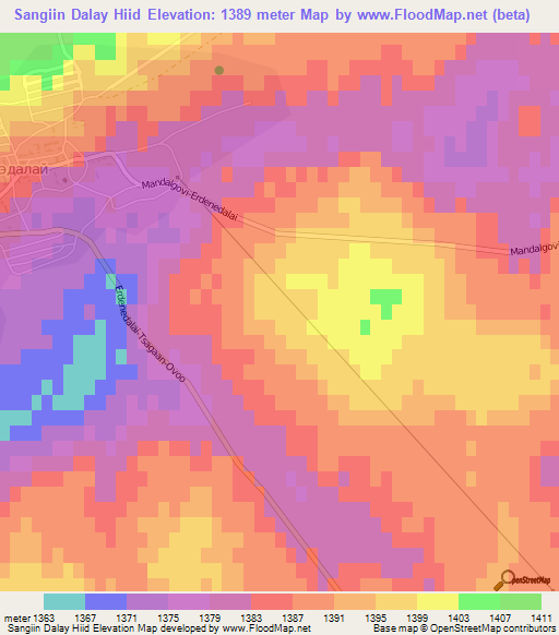 Sangiin Dalay Hiid,Mongolia Elevation Map