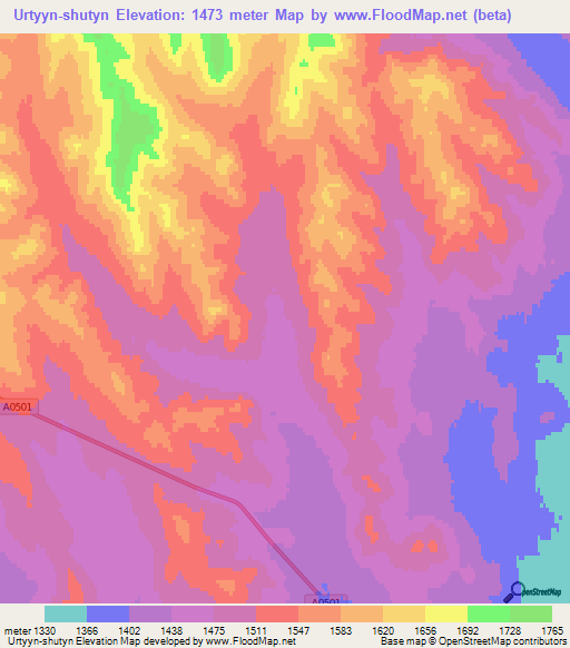 Urtyyn-shutyn,Mongolia Elevation Map