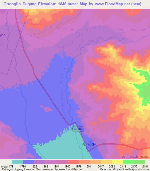 Ortoogiin Dugang,Mongolia Elevation Map
