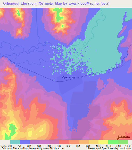 Orhontuul,Mongolia Elevation Map