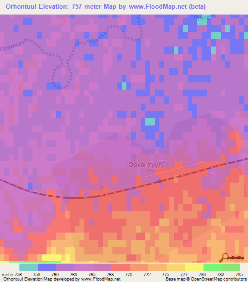 Orhontuul,Mongolia Elevation Map