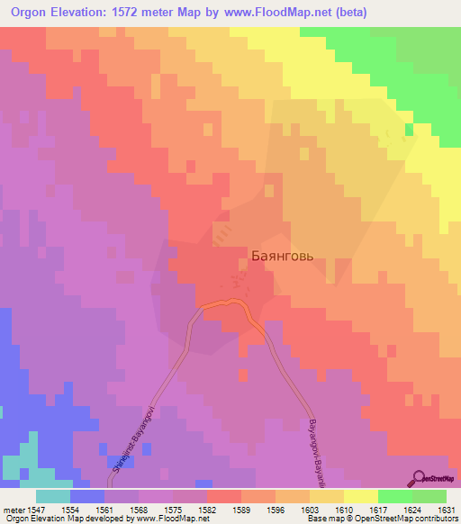 Orgon,Mongolia Elevation Map