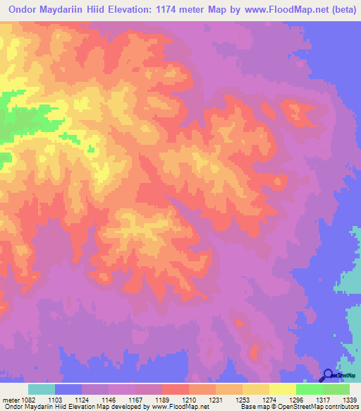 Ondor Maydariin Hiid,Mongolia Elevation Map