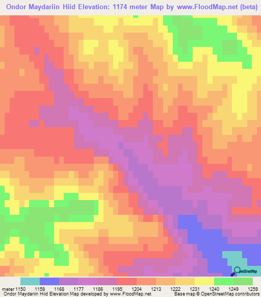 Ondor Maydariin Hiid,Mongolia Elevation Map