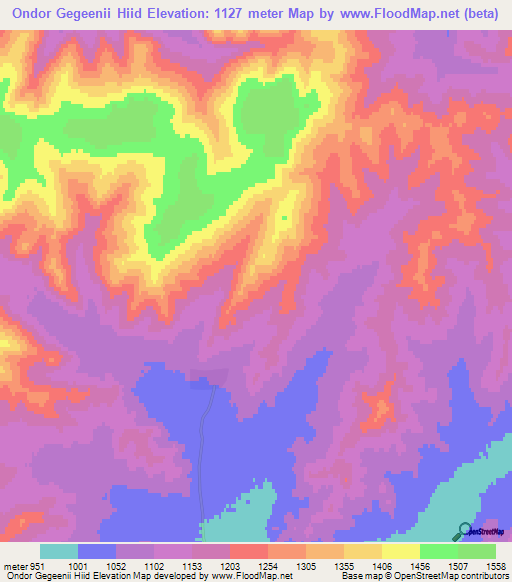 Ondor Gegeenii Hiid,Mongolia Elevation Map