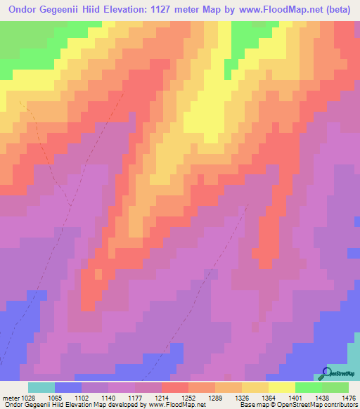 Ondor Gegeenii Hiid,Mongolia Elevation Map