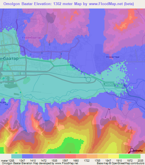 Omolgon Baatar,Mongolia Elevation Map