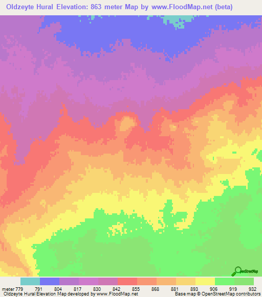 Oldzeyte Hural,Mongolia Elevation Map