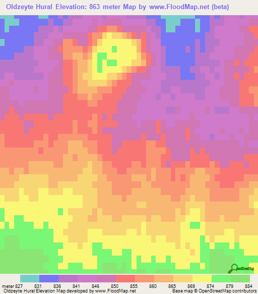 Oldzeyte Hural,Mongolia Elevation Map