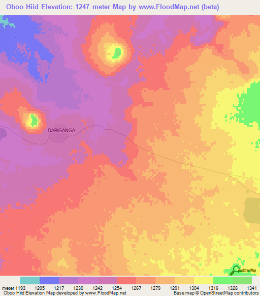 Oboo Hiid,Mongolia Elevation Map