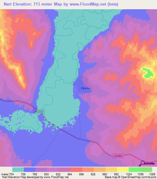 Nart,Mongolia Elevation Map