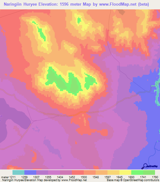 Naringiin Huryee,Mongolia Elevation Map