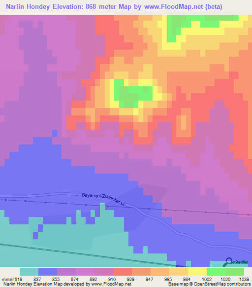 Nariin Hondey,Mongolia Elevation Map