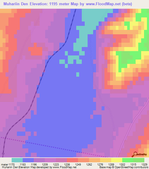 Muhariin Den,Mongolia Elevation Map