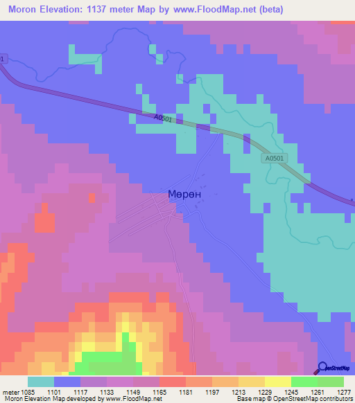 Moron,Mongolia Elevation Map