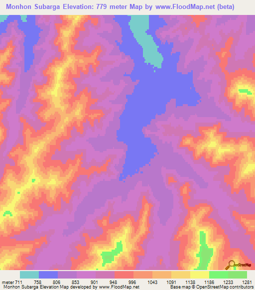 Monhon Subarga,Mongolia Elevation Map