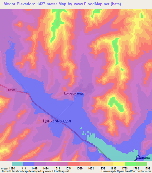 Modot,Mongolia Elevation Map