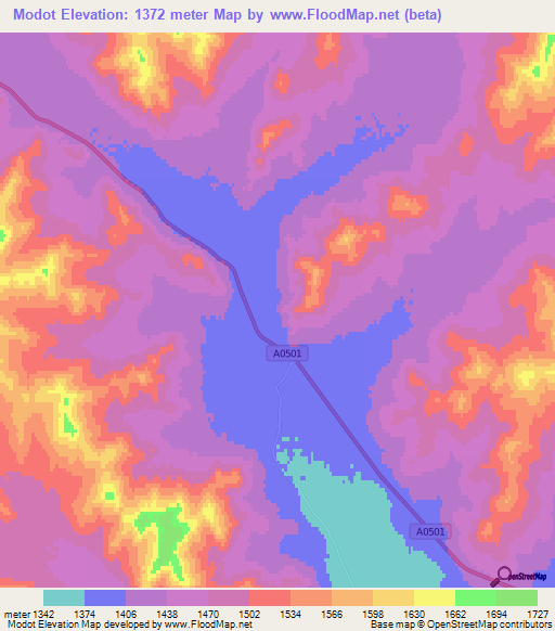 Modot,Mongolia Elevation Map