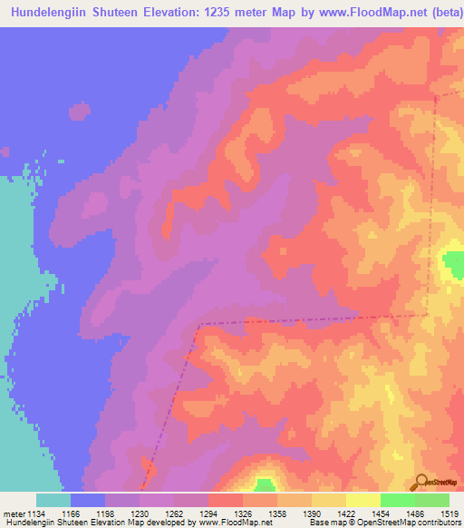 Hundelengiin Shuteen,Mongolia Elevation Map
