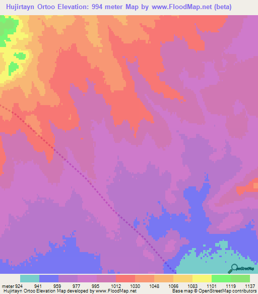 Hujirtayn Ortoo,Mongolia Elevation Map