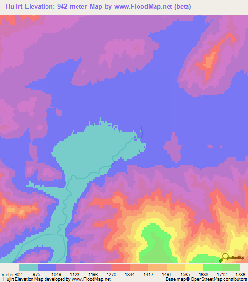 Hujirt,Mongolia Elevation Map