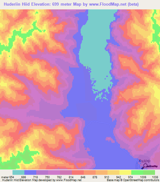 Huderiin Hiid,Mongolia Elevation Map